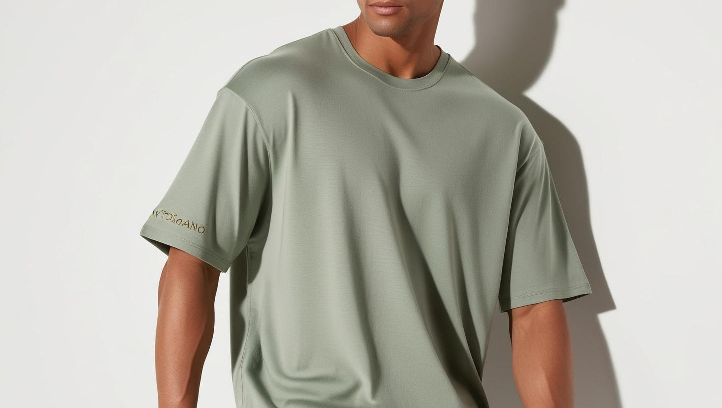 Model wearing KyotoSagano 001 Classic Crew Neck T-shirt in Kyoto Sage ultra-soft bamboo fabric with matte gold logo on sleeve, shot in clean studio lighting.
